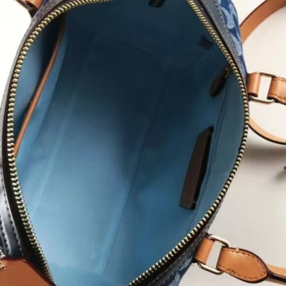 Coach Blue Signature Dome Satchel with Tan Leather Trim - Picture 7 of 11